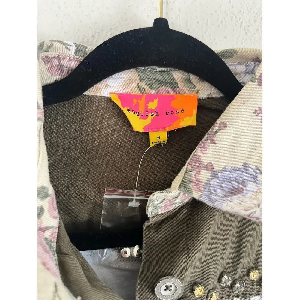 Anthropologie English Roses Woman  Floral Studded Denim Jacket, Size Med…